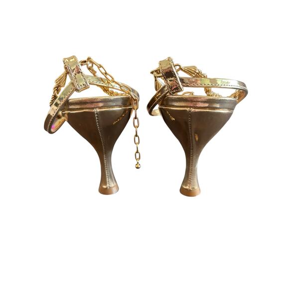 Ferragamo Denise Sandals Heel Chain Ankle Strap 70mm Metallic Gold Party Sz 7 - Picture 9 of 14